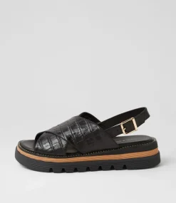 Sasi Black Croc Leather Sandals