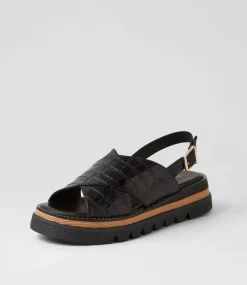 Sasi Black Croc Leather Sandals