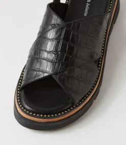 Sasi Black Croc Leather Sandals