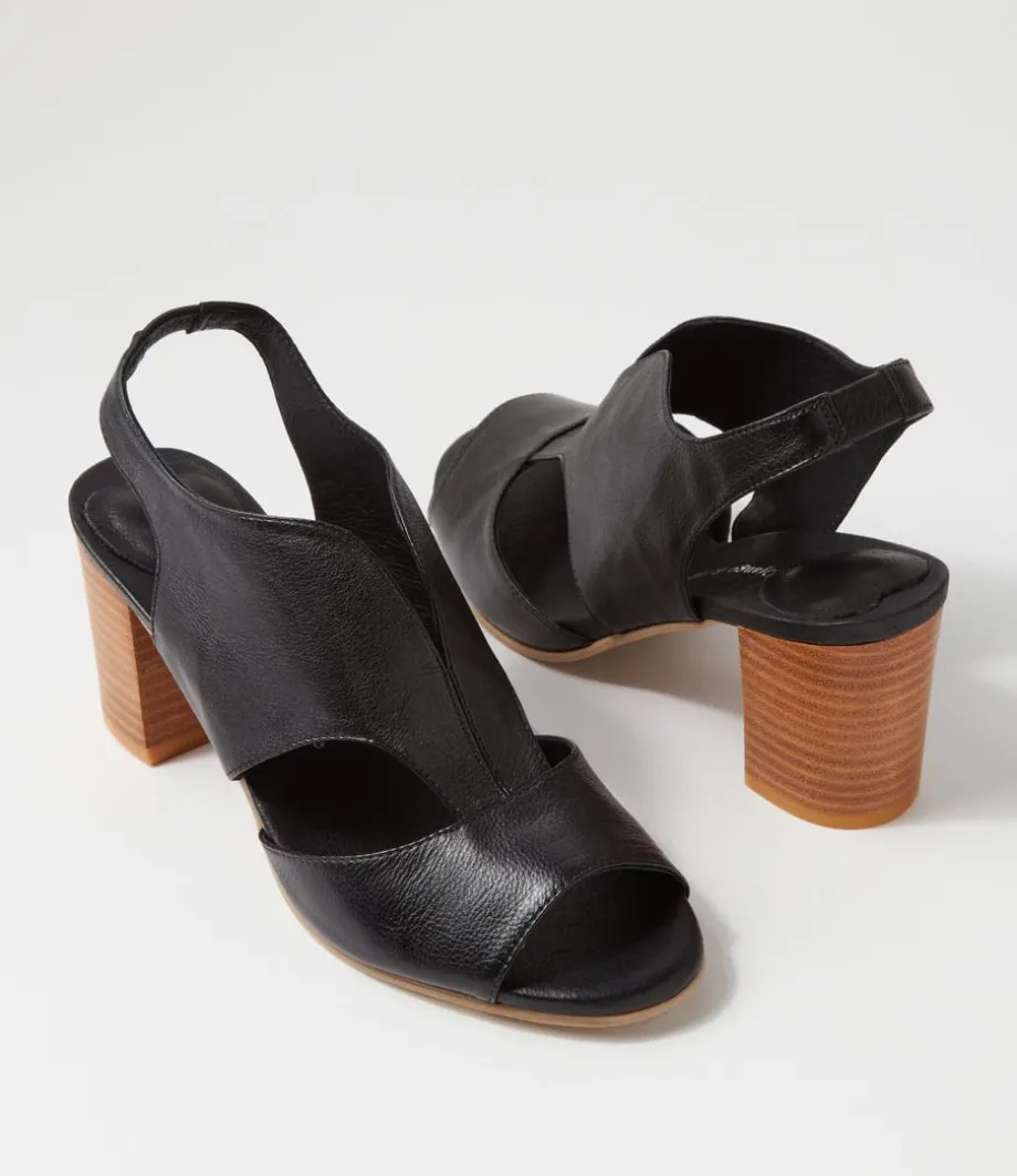 Sunnier New Black Natural Heel Leather Sandals