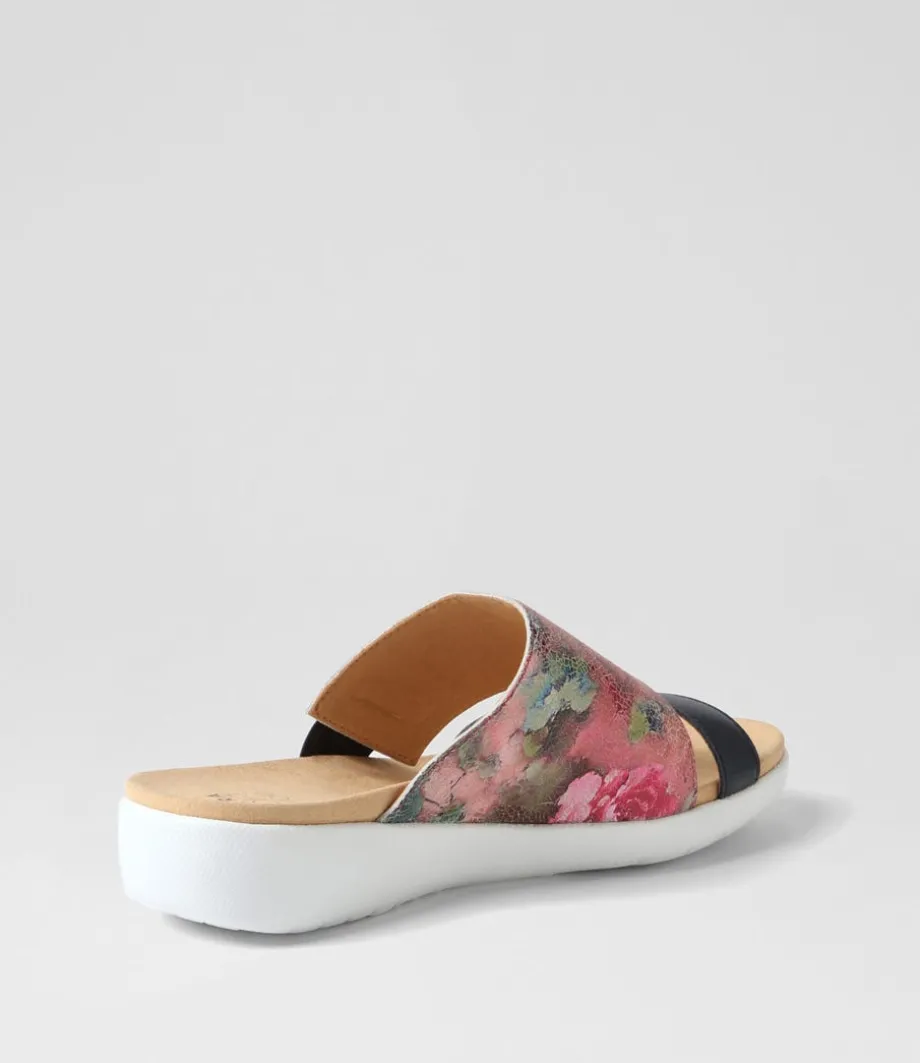 Uccoe W Navy Fuchsia Floral Leather Slides