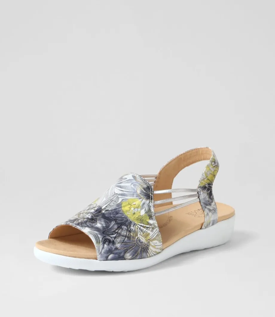 Udhays W Navy Silver Floral Leather Elastic Sandals