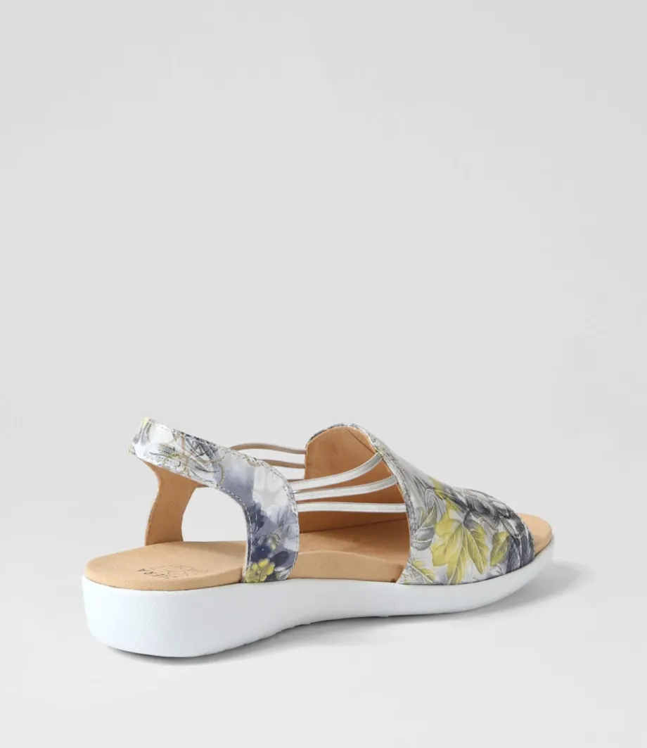 Udhays W Navy Silver Floral Leather Elastic Sandals