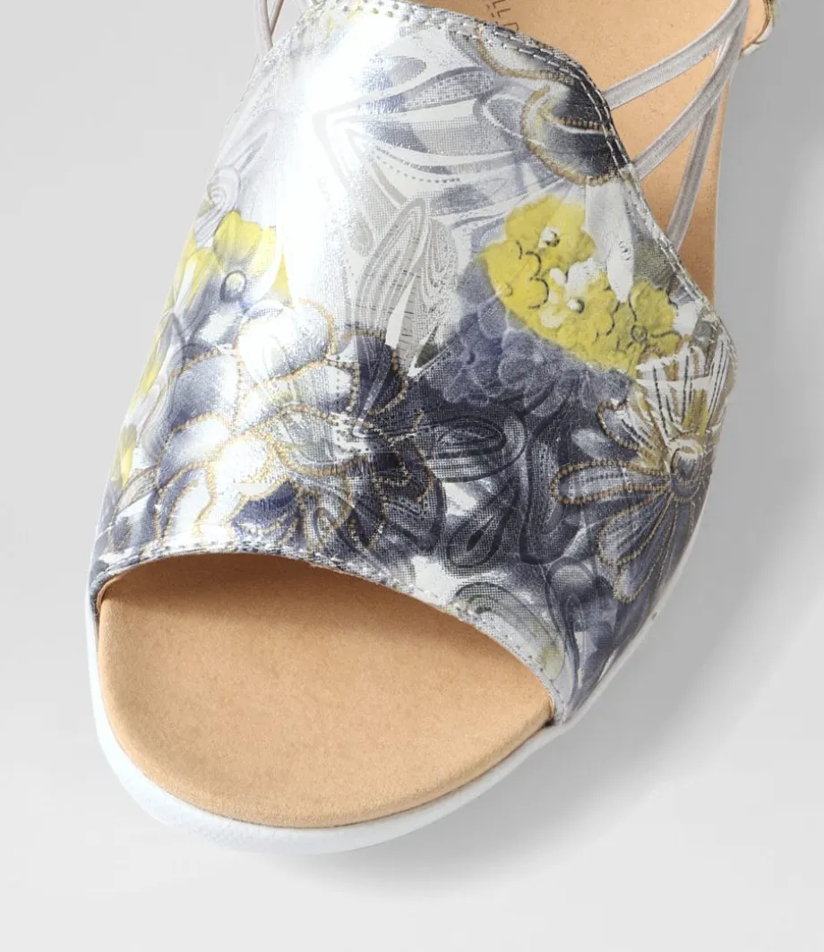 Udhays W Navy Silver Floral Leather Elastic Sandals