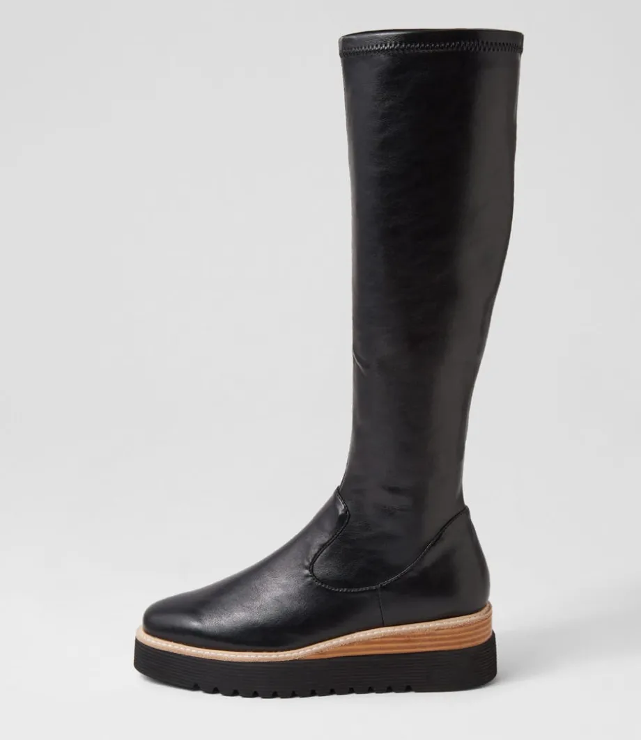 Udoe Black Natural Veneer Stretch Knee High Boots