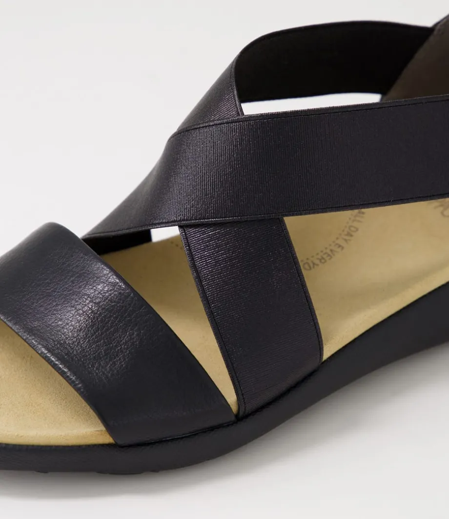 Umato W Black Metallic Leather Elastic Sandals