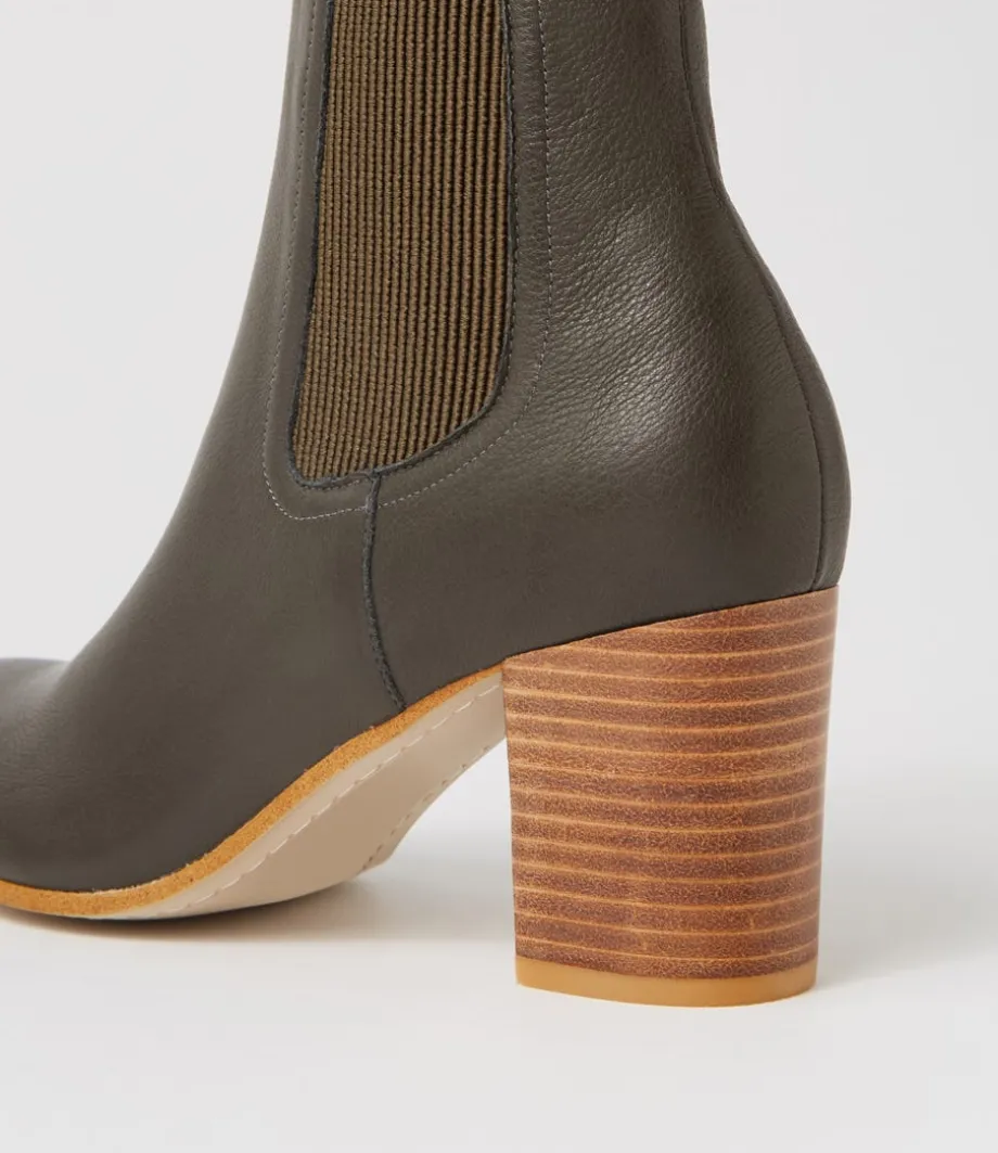 Usset Olive Elastic Leather Ankle Boots