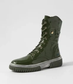Yaintly Khaki White Patent Ankle Boots
